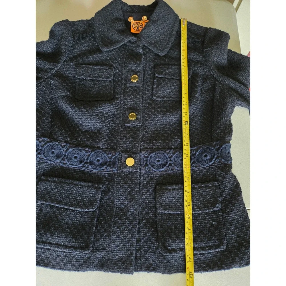 Tory Burch Navy Blue Tweed Lace Trim Jacket Gold Buttons 8  Womens Boucle Blazer - Picture 11 of 13